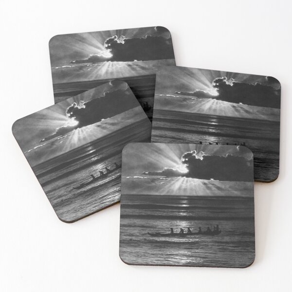 Item preview, Vintage Hawaiian canoe in Honolulu harbor sunset sunbeams black and white tropical Hawaii photograph designed and sold by Astrid Arkhangelsky.