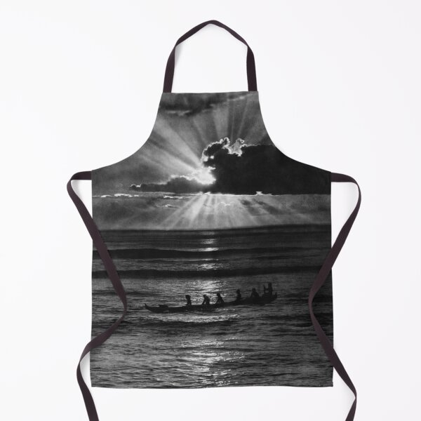 Item preview, Vintage Hawaiian canoe in Honolulu harbor sunset sunbeams black and white tropical Hawaii photograph designed and sold by Astrid Arkhangelsky.
