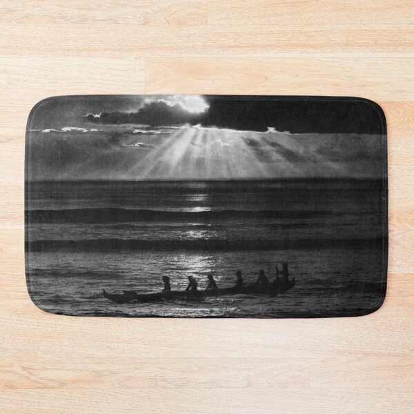 Item preview, Vintage Hawaiian canoe in Honolulu harbor sunset sunbeams black and white tropical Hawaii photograph designed and sold by Astrid Arkhangelsky.