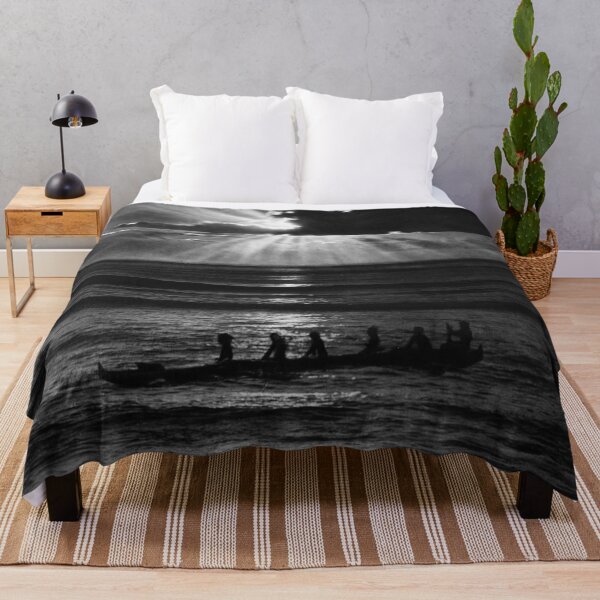 Item preview, Vintage Hawaiian canoe in Honolulu harbor sunset sunbeams black and white tropical Hawaii photograph designed and sold by Astrid Arkhangelsky.