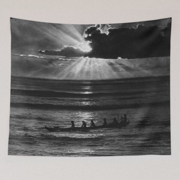 Item preview, Vintage Hawaiian canoe in Honolulu harbor sunset sunbeams black and white tropical Hawaii photograph designed and sold by Astrid Arkhangelsky.