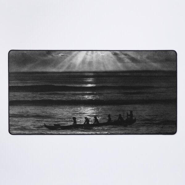 Item preview, Vintage Hawaiian canoe in Honolulu harbor sunset sunbeams black and white tropical Hawaii photograph designed and sold by Astrid Arkhangelsky.