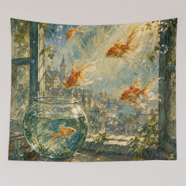 Item preview, Magical window view with floating goldfish designed and sold by careninemajesty.