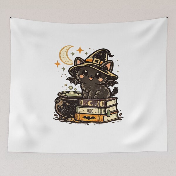 Item preview, Cute Witch Black Cat with Spell Books and Cauldron | Kawaii Halloween Magic designed and sold by Ghostlycats2026.