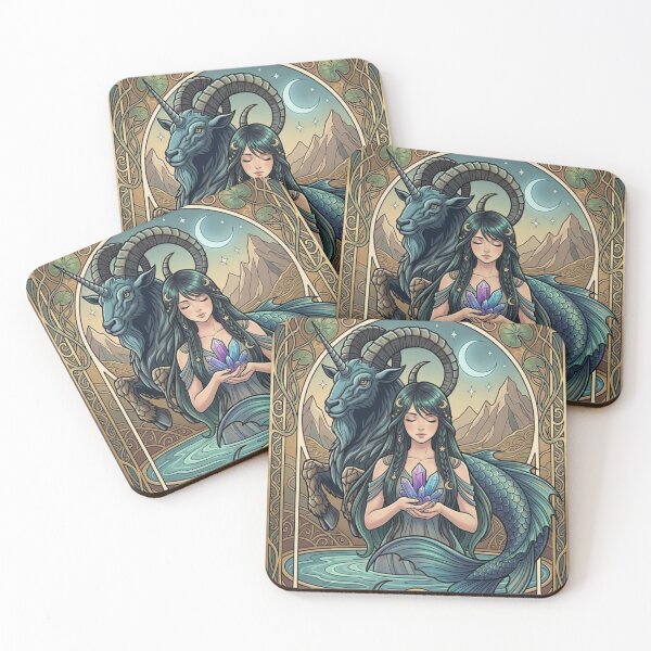 Aperçu de l'œuvre Illustration fantastique d'une jeune fille du zodiaque Capricorne avec une chèvre de mer – Énergie astrologique mystique créée et vendue par RSDigitalPrintDesign.