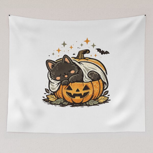 Item preview, Cute Ghost Black Cat Sleeping in Jack O' Lantern | Kawaii Halloween Kitty designed and sold by Ghostlycats2026.