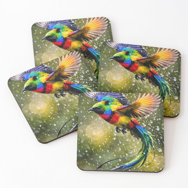 Item preview, A colorful rainbow bird flies through the summer rain. designed and sold by Fotografin1981.
