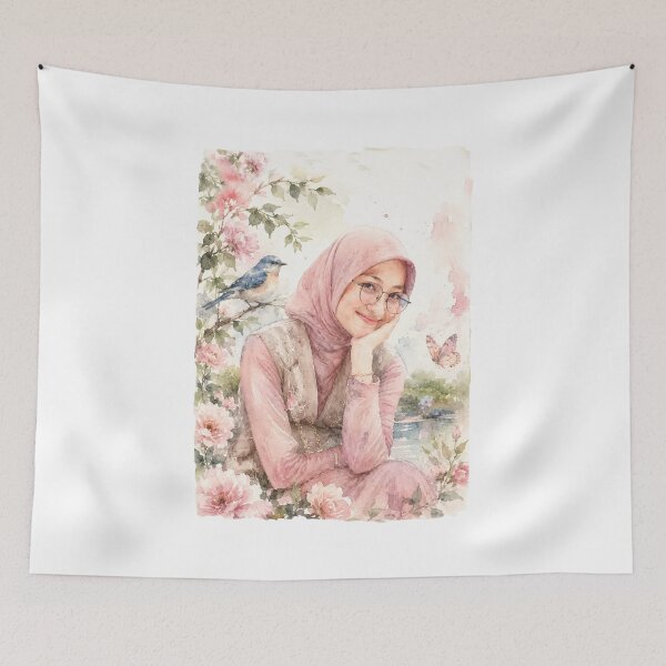 Item preview, Pink Watercolor Hijab Portrait traditional illustration designed and sold by sabartgunpla.