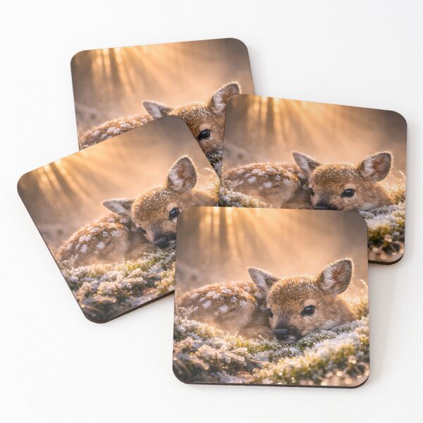 Item preview, Cute fawn in the frosty forest at sunrise designed and sold by Fotografin1981.