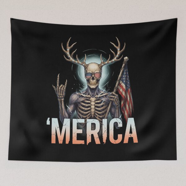 Item preview, 'Merica Wendigo Skeleton Antlers Patriotic Flag Tee designed and sold by DarylWelsh2024.