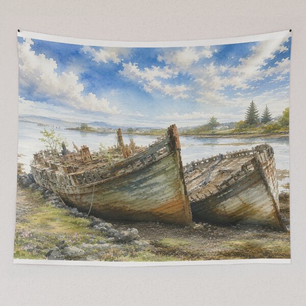Item preview, weathered wooden shipwrecks resting side by side in watercolour designed and sold by alcame-photo.