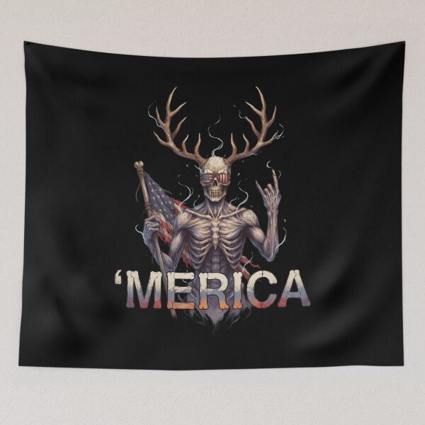 Item preview,  'Merica Wendigo Skeleton Antlers Patriotic Flag Tee v4 designed and sold by DarylWelsh2024.