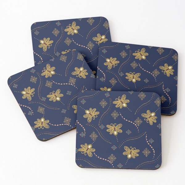 Item preview, Firefly Seamless Pattern with Glowing Insects and Folk Ornaments on Indigo Night designed and sold by Lannanun.