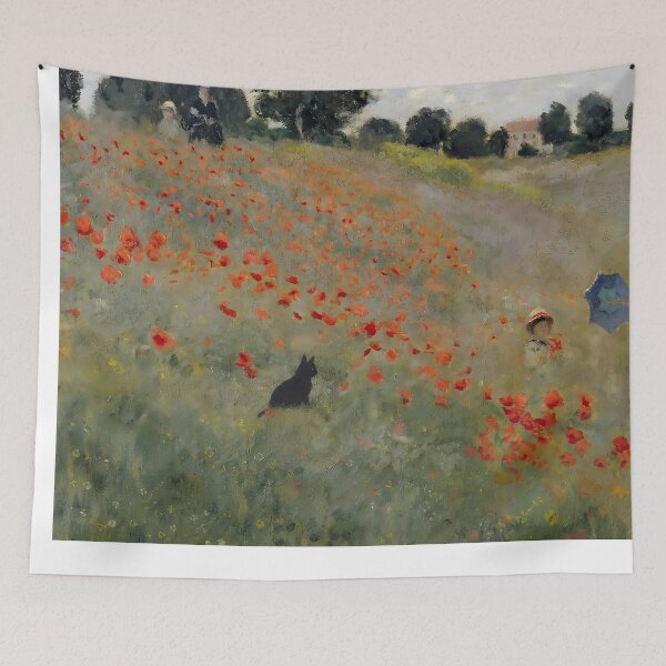 Aperçu de l'œuvre Champ de coquelicots de Monet, Chat noir, Art impressionniste créée et vendue par PurrfectHome.