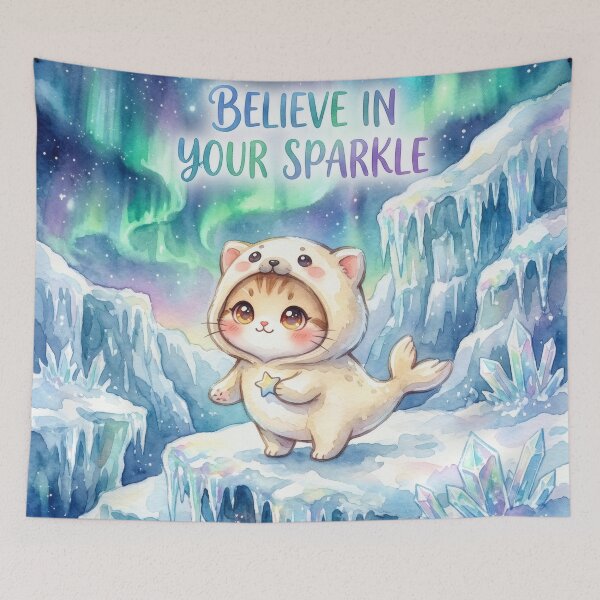 Item preview, Cute Cat in Seal Costume under Aurora Borealis Motivational Quote designed and sold by cutiepeupies.