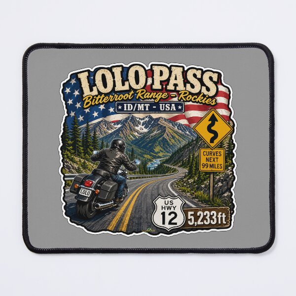 Item preview, Lolo Pass Idaho, Montana Rocky Mountains Motorcycle Sticker TShirt 02 designed and sold by OuterShellUK.