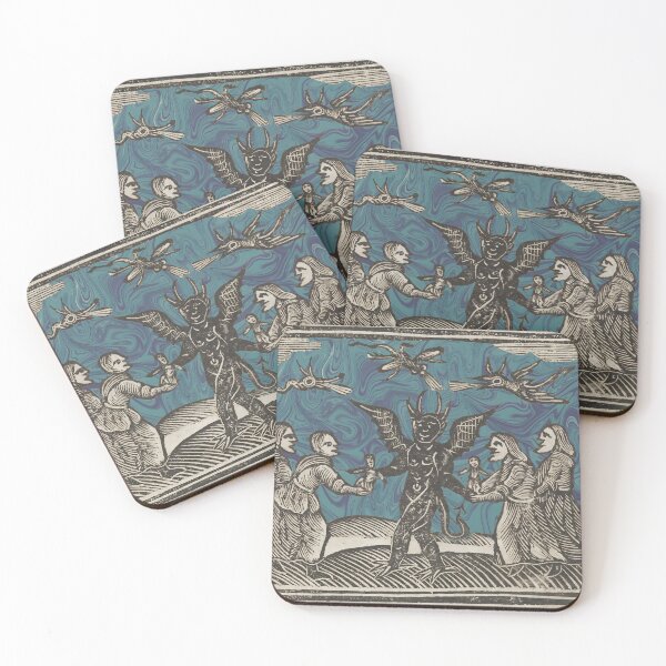 Item preview, Witches and Devil - Antique Woodcut Art Print with Swirling Blue Marble Sky designed and sold by footnotes-club.