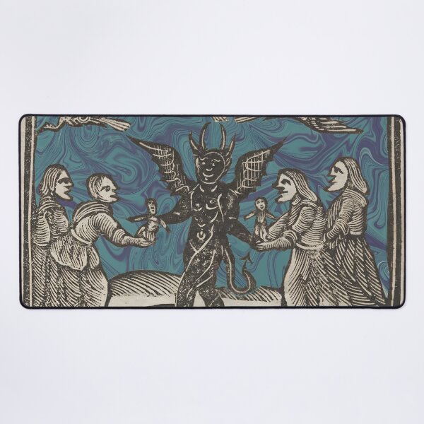 Item preview, Witches and Devil - Antique Woodcut Art Print with Swirling Blue Marble Sky designed and sold by footnotes-club.