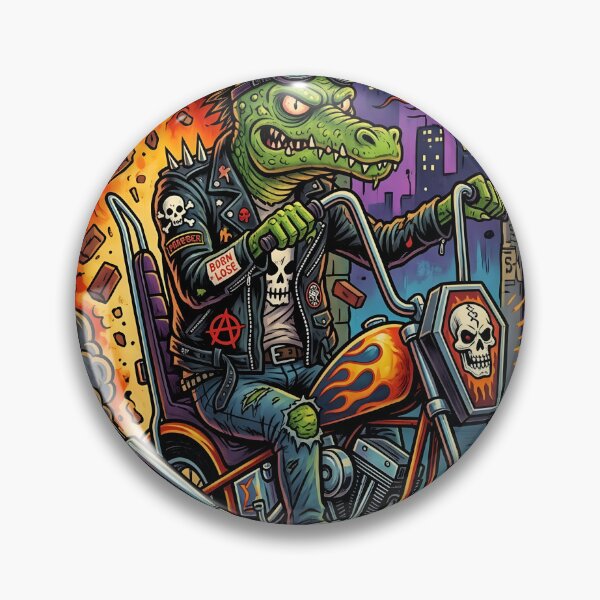 Item preview, Punk Crocodile Biker Riding Skull Chopper in Explosive Neon Alley – Lowbrow Pop Surreal Illustration designed and sold by Bhaskar Digital Art.