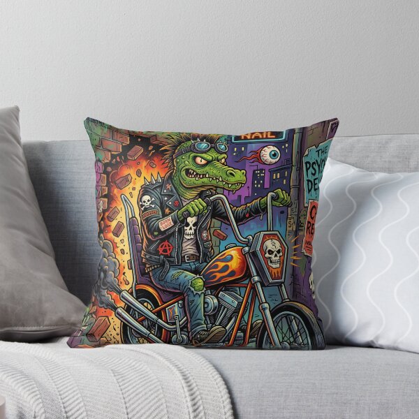Item preview, Punk Crocodile Biker Riding Skull Chopper in Explosive Neon Alley – Lowbrow Pop Surreal Illustration designed and sold by Bhaskar Digital Art.