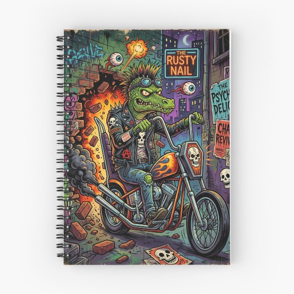 Item preview, Punk Crocodile Biker Riding Skull Chopper in Explosive Neon Alley – Lowbrow Pop Surreal Illustration designed and sold by Bhaskar Digital Art.