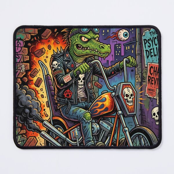 Item preview, Punk Crocodile Biker Riding Skull Chopper in Explosive Neon Alley – Lowbrow Pop Surreal Illustration designed and sold by Bhaskar Digital Art.