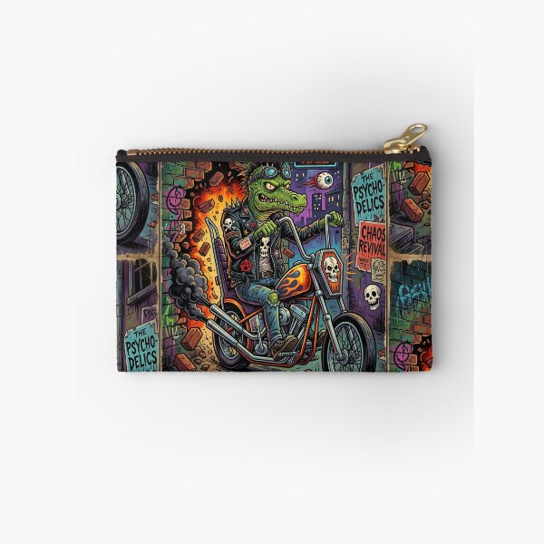 Item preview, Punk Crocodile Biker Riding Skull Chopper in Explosive Neon Alley – Lowbrow Pop Surreal Illustration designed and sold by Bhaskar Digital Art.