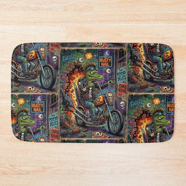 Item preview, Punk Crocodile Biker Riding Skull Chopper in Explosive Neon Alley – Lowbrow Pop Surreal Illustration designed and sold by Bhaskar Digital Art.