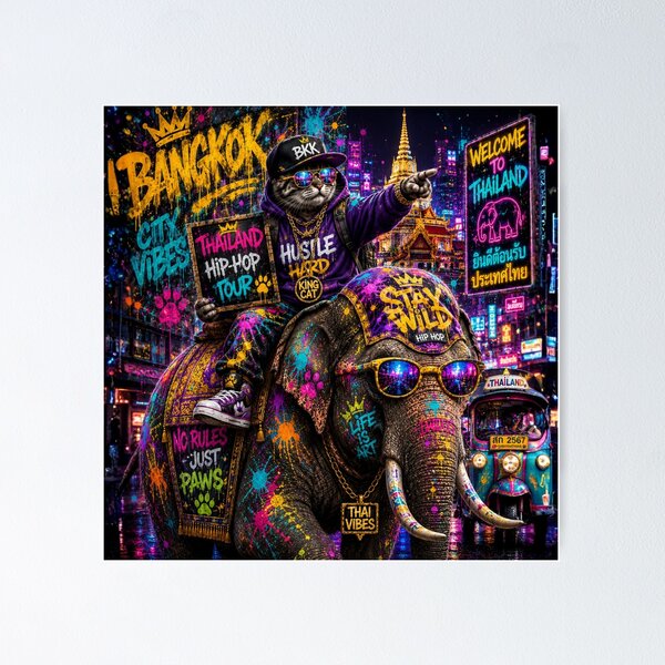 Item preview, Stay Wild Bangkok Elephant Ride | Thailand Hip Hop Cat Graffiti designed and sold by Neon Riot Studio.