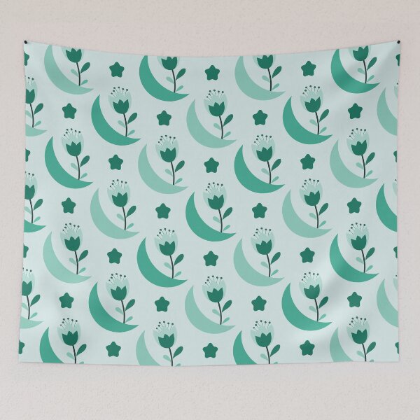 Item preview, Teal flower moon and star pattern designed and sold by PowerAntShop.