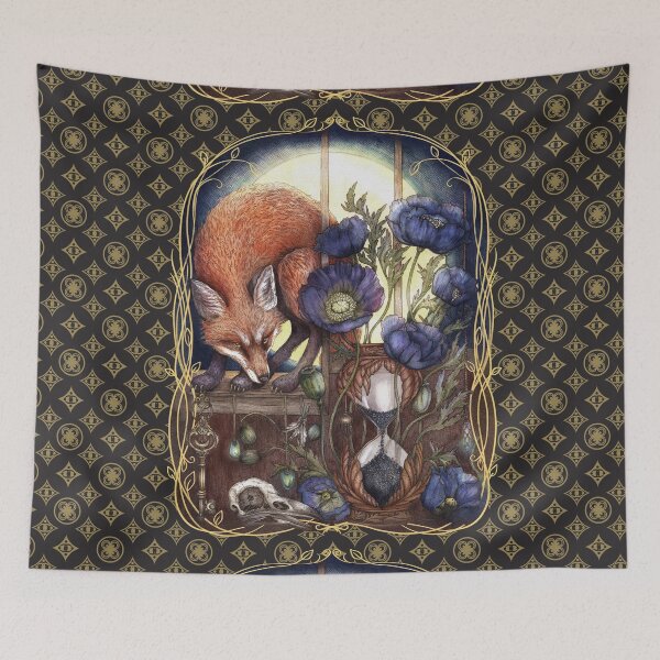 Item preview, Mystical Fox with Poppy Flowers & Hourglass - Dark Academia Botanical designed and sold by Olena Terzi.