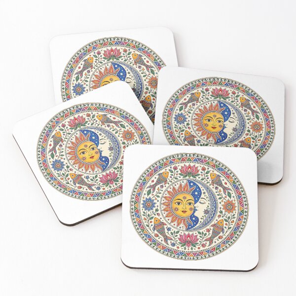 Item preview, A colorful Madhubani-inspired celestial artwork of sun, moon, lotus, and fishes designed and sold by Ink Matrix.