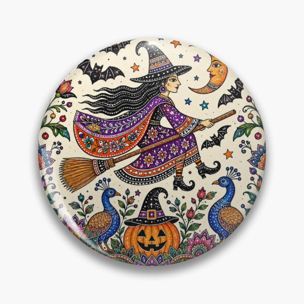 Item preview, An ethnic Madhubani-inspired Halloween witch on a broom in watercolor style designed and sold by Ink Matrix.