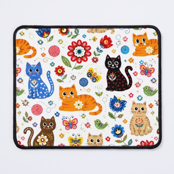 Item preview, Colorful Floral Folk Cat Pattern | Kawaii Kitten Pattern on White Background designed and sold by Natalia-Vlad.