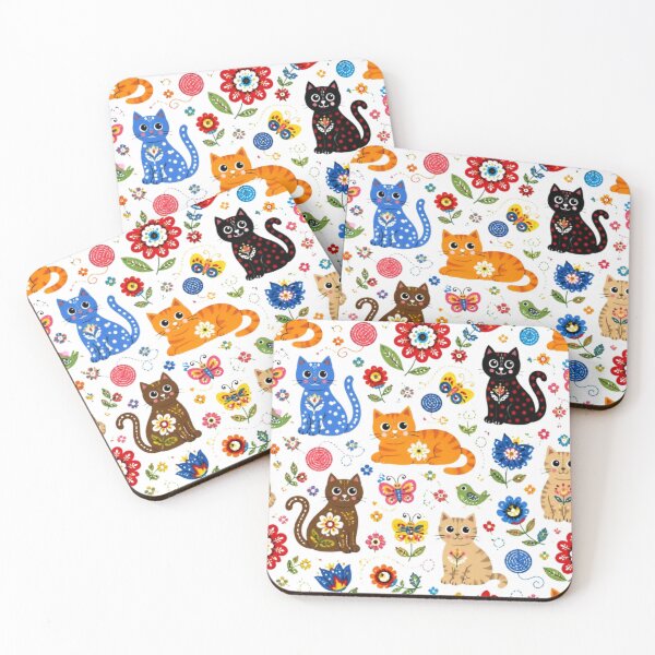 Item preview, Colorful Floral Folk Cat Pattern | Kawaii Kitten Pattern on White Background designed and sold by Natalia-Vlad.