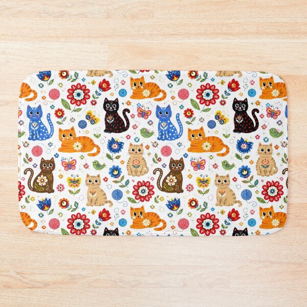 Item preview, Colorful Floral Folk Cat Pattern | Kawaii Kitten Pattern on White Background designed and sold by Natalia-Vlad.