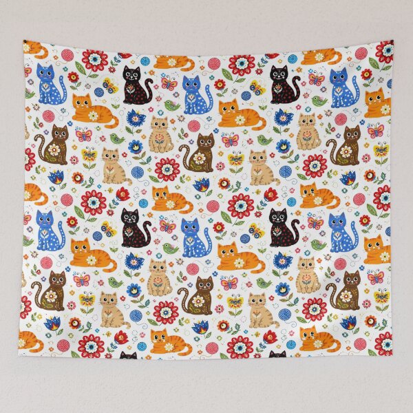Item preview, Colorful Floral Folk Cat Pattern | Kawaii Kitten Pattern on White Background designed and sold by Natalia-Vlad.