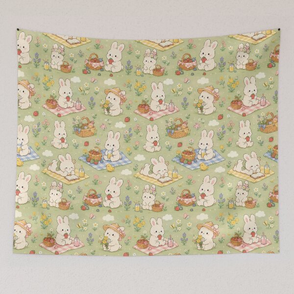 Item preview, Cute Bunny Spring Picnic Pattern | Kawaii Floral Picnic designed and sold by Soft Berry Studio.