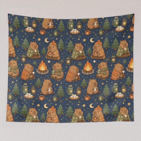Item preview, Cute Capybara Campfire Pattern | Cozy Kawaii Camping Night designed and sold by Soft Berry Studio.