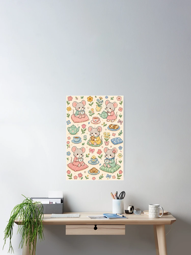 Thumbnail 2 of 3, Poster, Mouse Spring Flower Tea Pattern designed and sold by Soft Berry Studio.