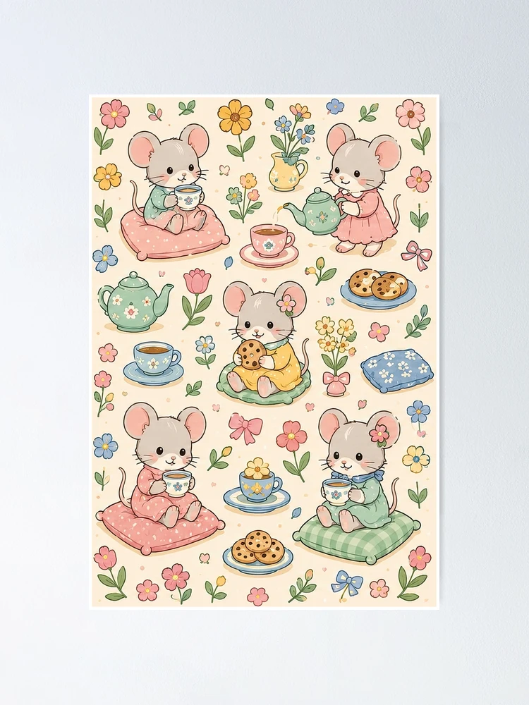 Thumbnail 1 of 3, Poster, Mouse Spring Flower Tea Pattern designed and sold by Soft Berry Studio.