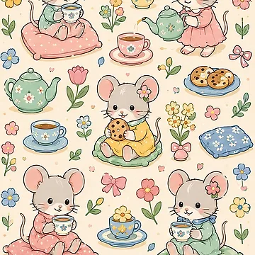 Artwork thumbnail, Mouse Spring Flower Tea Pattern by Soft Berry Studio