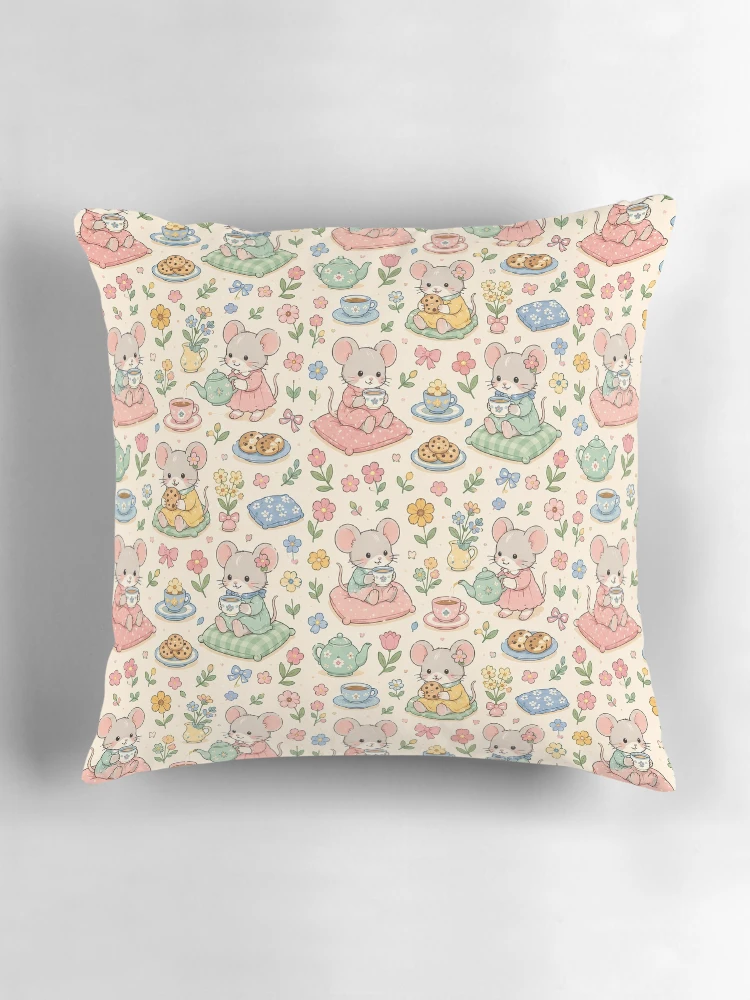 Thumbnail 3 of 4, Pillow, Mouse Spring Flower Tea Pattern designed and sold by Soft Berry Studio.