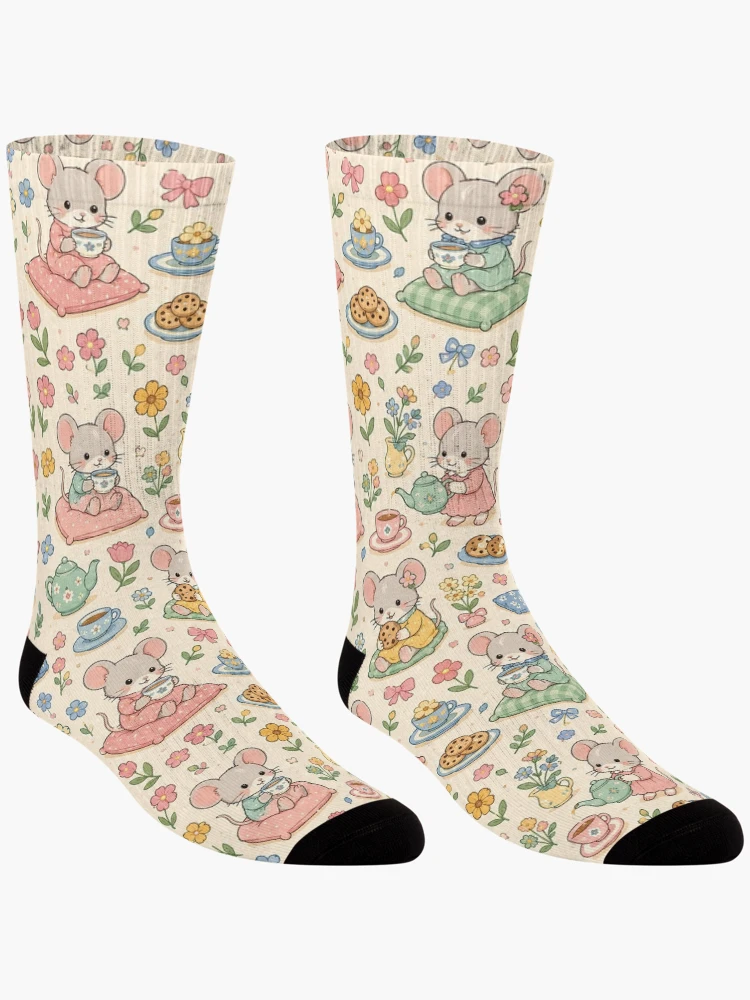 Thumbnail 3 of 5, Socks, Mouse Spring Flower Tea Pattern designed and sold by Soft Berry Studio.