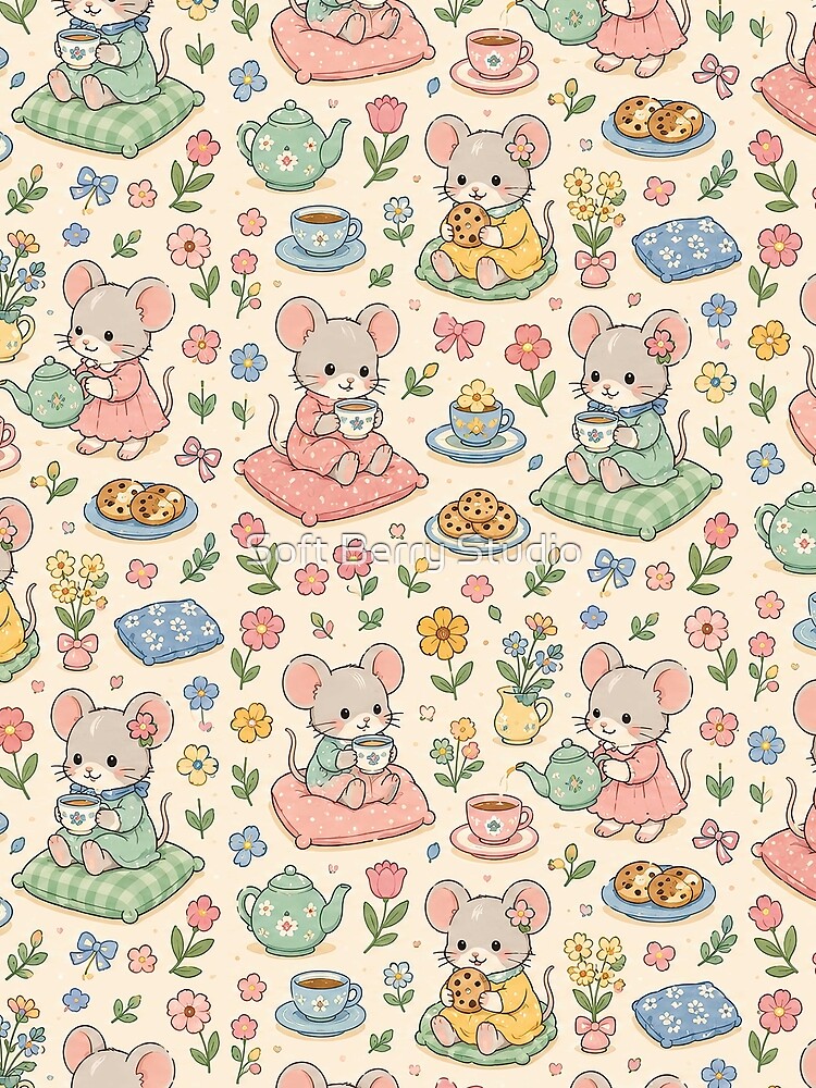 Thumbnail 3 of 3, Scarf, Mouse Spring Flower Tea Pattern designed and sold by SoftBerryStudio.