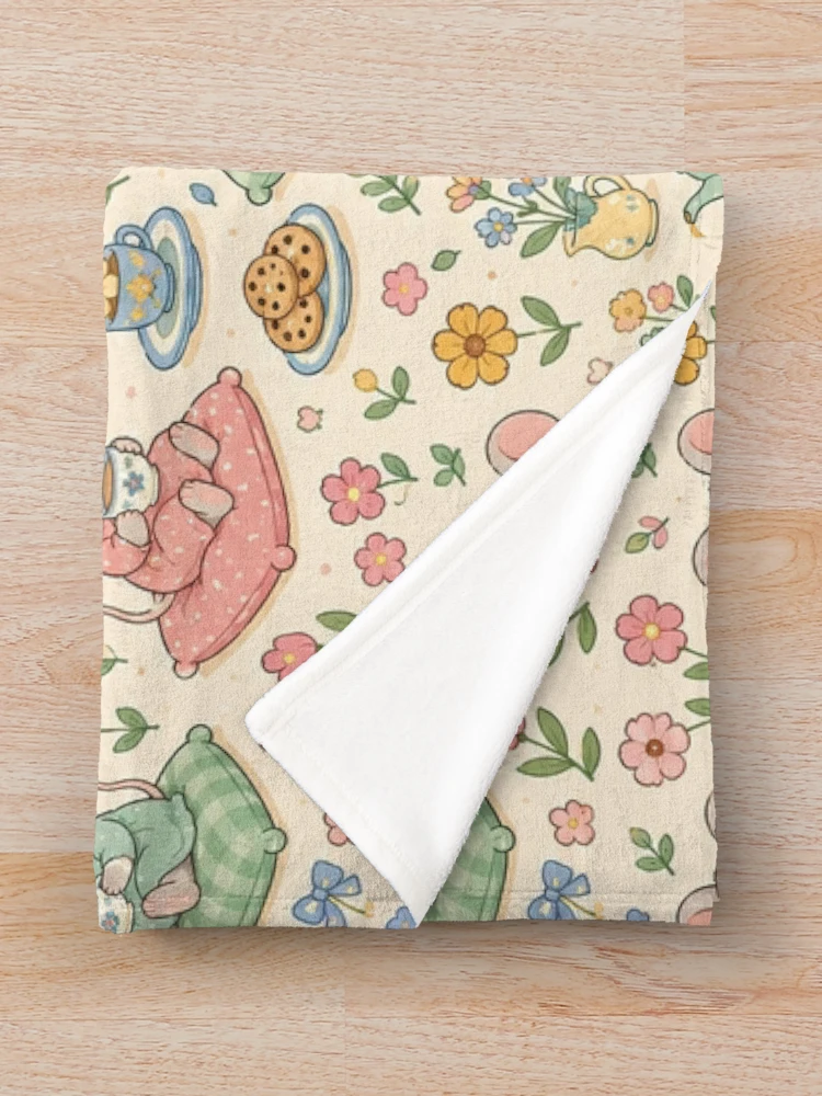 Thumbnail 3 of 6, Throw Blanket, Mouse Spring Flower Tea Pattern designed and sold by Soft Berry Studio.