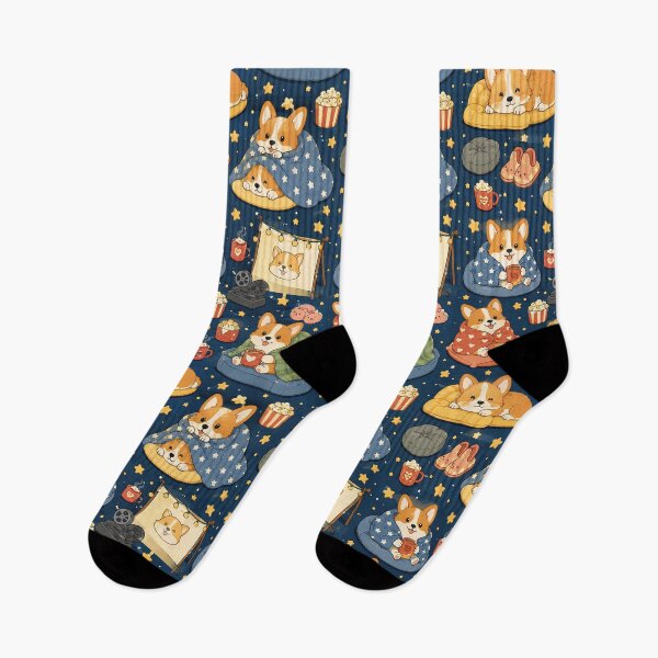 Item preview, Corgi Cozy Movie Night Pattern designed and sold by Soft Berry Studio.