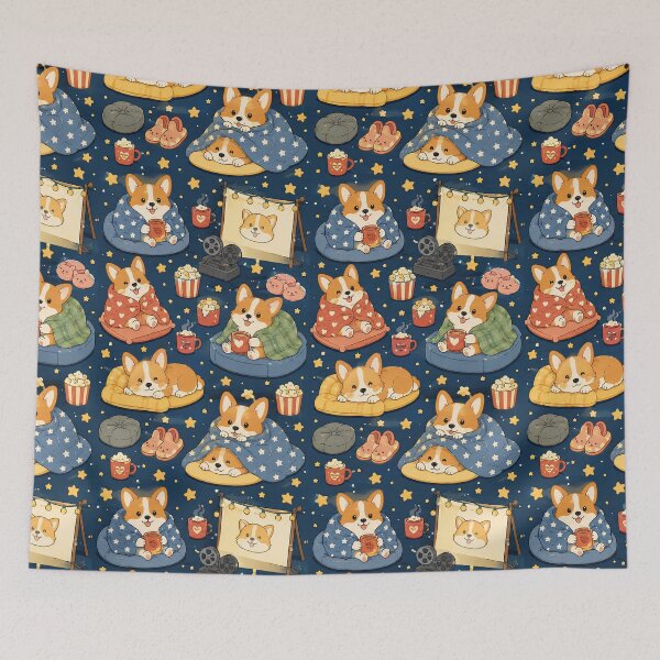 Item preview, Corgi Cozy Movie Night Pattern designed and sold by Soft Berry Studio.
