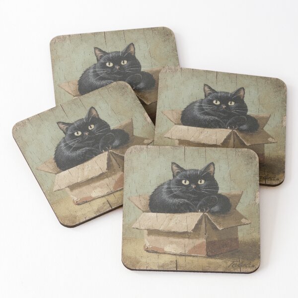 Item preview, Chonky Black Cat Claiming the Cardboard Box Folk Art designed and sold by PictorialWhimsy.