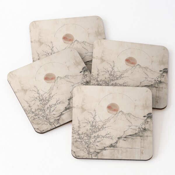 Item preview, Japandi and wabi sabi inspired Red sun landscape designed and sold by filigreedigital.